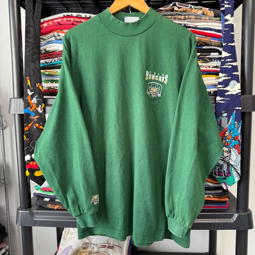 Vintage Green Lee Ohio Bobcats Embroidered Mock Neck Long Sleeve Shirt XL